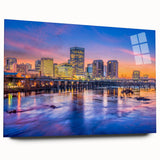 Large abstract wall art of Virginia scenery in muted blue and green tones on acrylic glass.