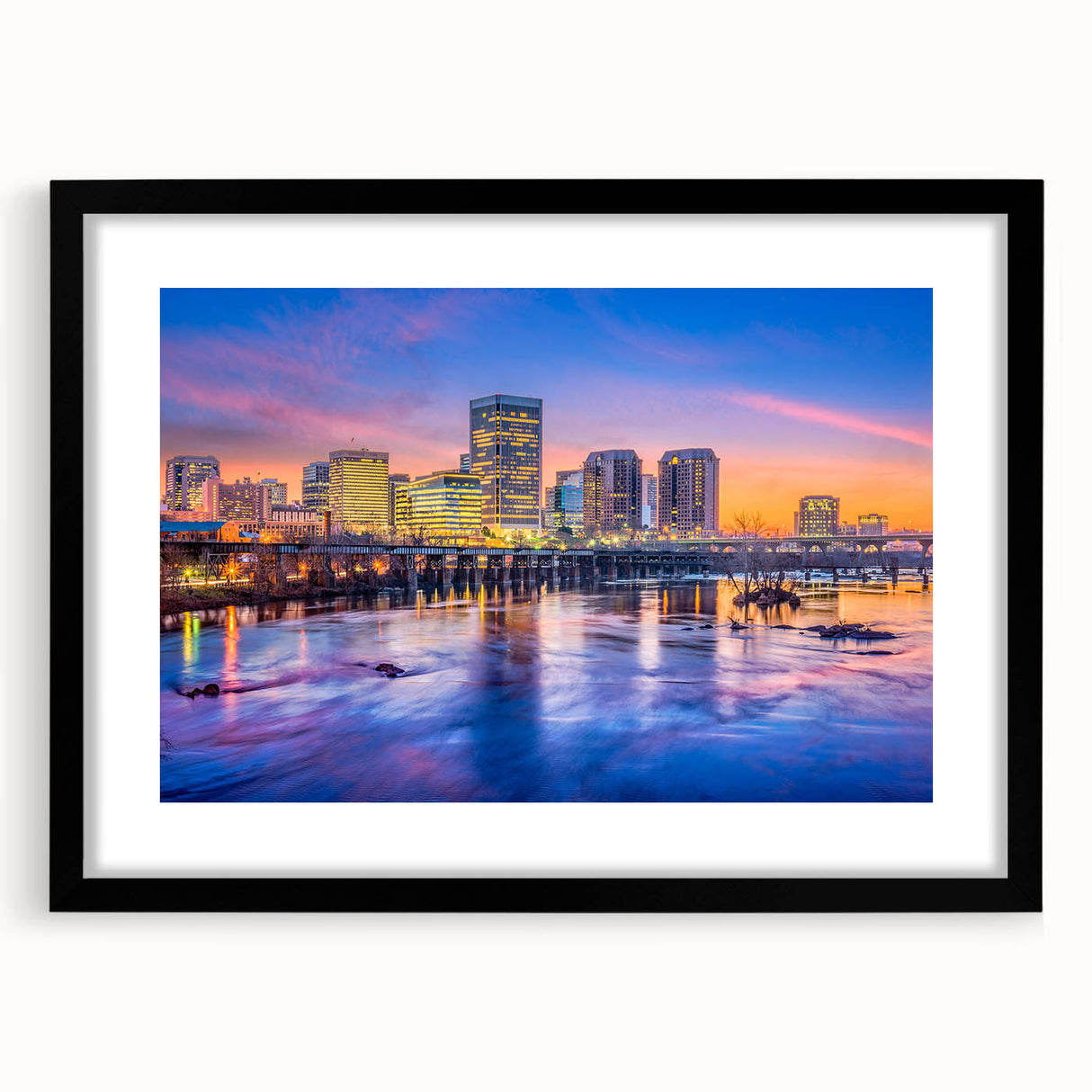 Abstract art print featuring a textured, colorful depiction of Virginia scenery on a large canvas, framed in black.