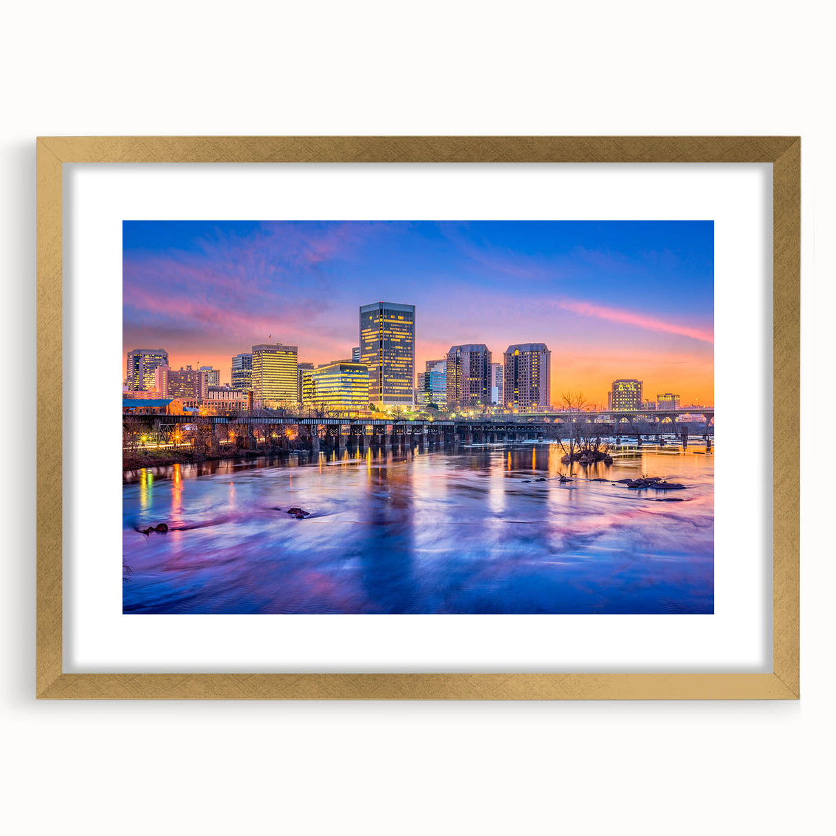 Extra large wall art featuring abstract portrayal of a Virginia scenery in textured earth tones, framed in gold.