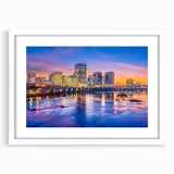 Abstract art print of Virginia scenery in muted green and blue tones on a framed white mat, ideal for dining room decor.