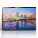 Large art print of Virginia scenery in mid-century modernist style, acrylic frame with gold accents.