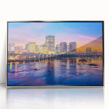 Mid-century modernist art depicting the Virginia skyline in muted blue and silver tones on a framed acrylic.