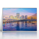 Art deco poster depicting Virginia scenery in muted greens and blues on a framed acrylic, suitable for modern nursery decor.