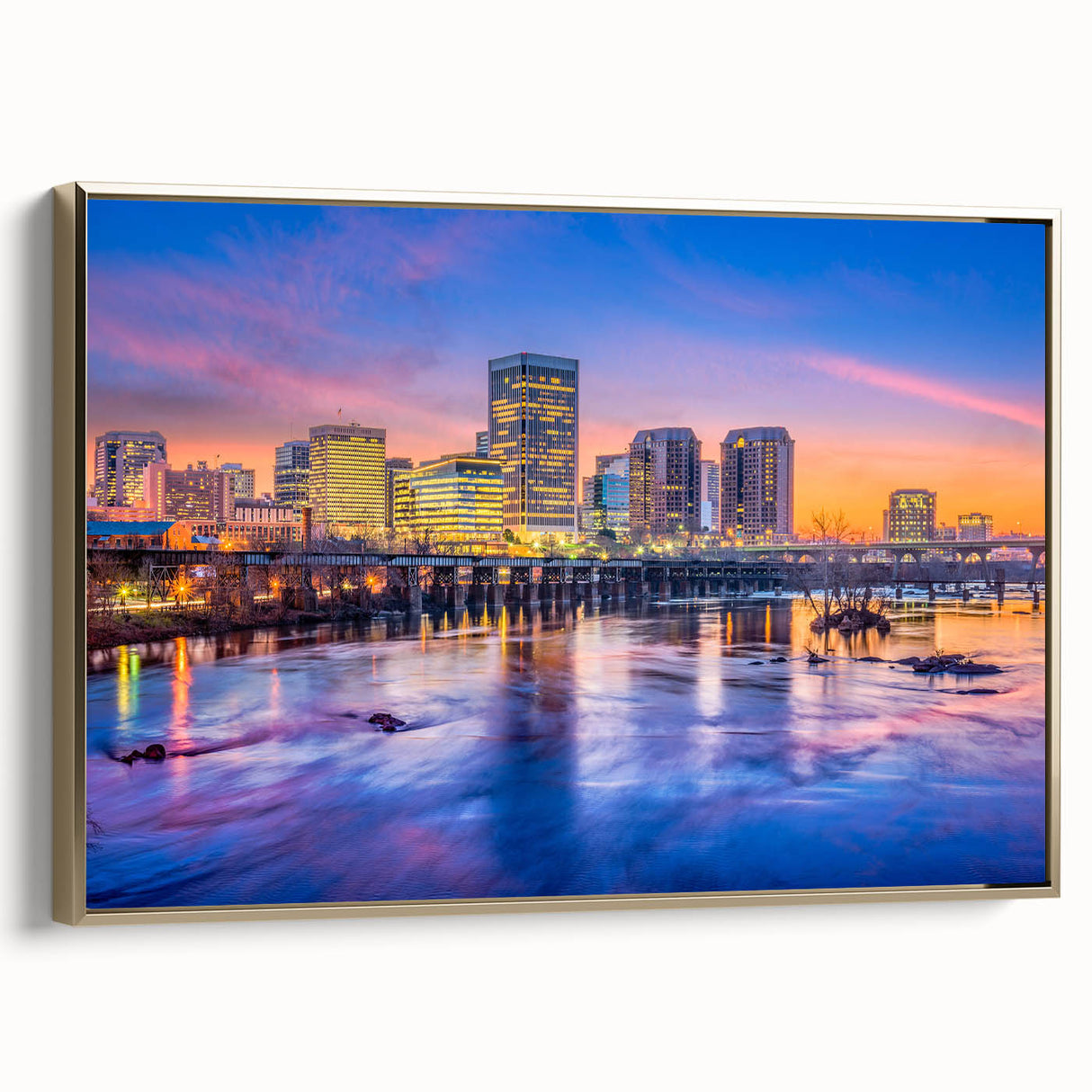 Framed canvas depicting a serene Virginia landscape in muted earth tones, ideal for bedroom wall art.