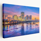 Large stretched canvas depicting a serene Virginia landscape in soft green and blue tones, suitable for kitchen wall art.