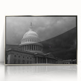 Mid-century modernist art of the Washington DC Capitol in muted gray and silver tones on framed acrylic.