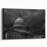 Black and white framed canvas of the Washington D.C. Capitol, ideal for bedroom wall art in a vintage poster style.