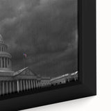 Close-up of a textured black wall art featuring the Washington DC Capitol in vibrant colors on a framed canvas.