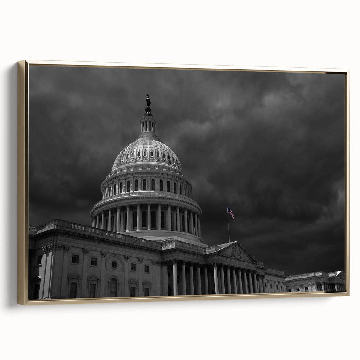 Framed canvas of the Washington DC Capitol in vintage poster style, featuring a landscape scene with black and gold tones.