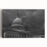 Black and white print of the Washington DC Capitol on stretched canvas, ideal for kitchen wall art.