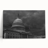Black and white print of the Washington DC Capitol on stretched canvas, ideal for kitchen wall art.