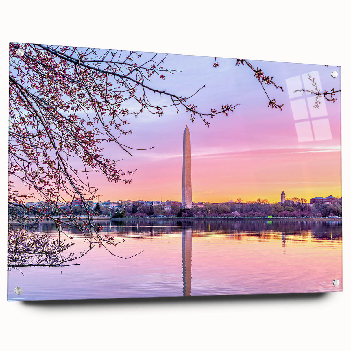 Acrylic print of Washington DC monument in muted gray tones, suited for dining room or bedroom decor.