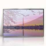 Mid-century modernist art of Washington DC monuments in muted tones on silver-framed acrylic.