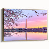 Framed canvas wall art featuring a vintage-style landscape of the Washington DC monument in black and gold tones.