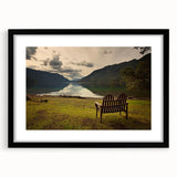 Abstract art print depicting colorful, textured scenery of Olympic, Washington, in a large black-framed mat.