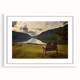 Abstract art print of Olympic National Park in muted green and blue tones on a white framed canvas.
