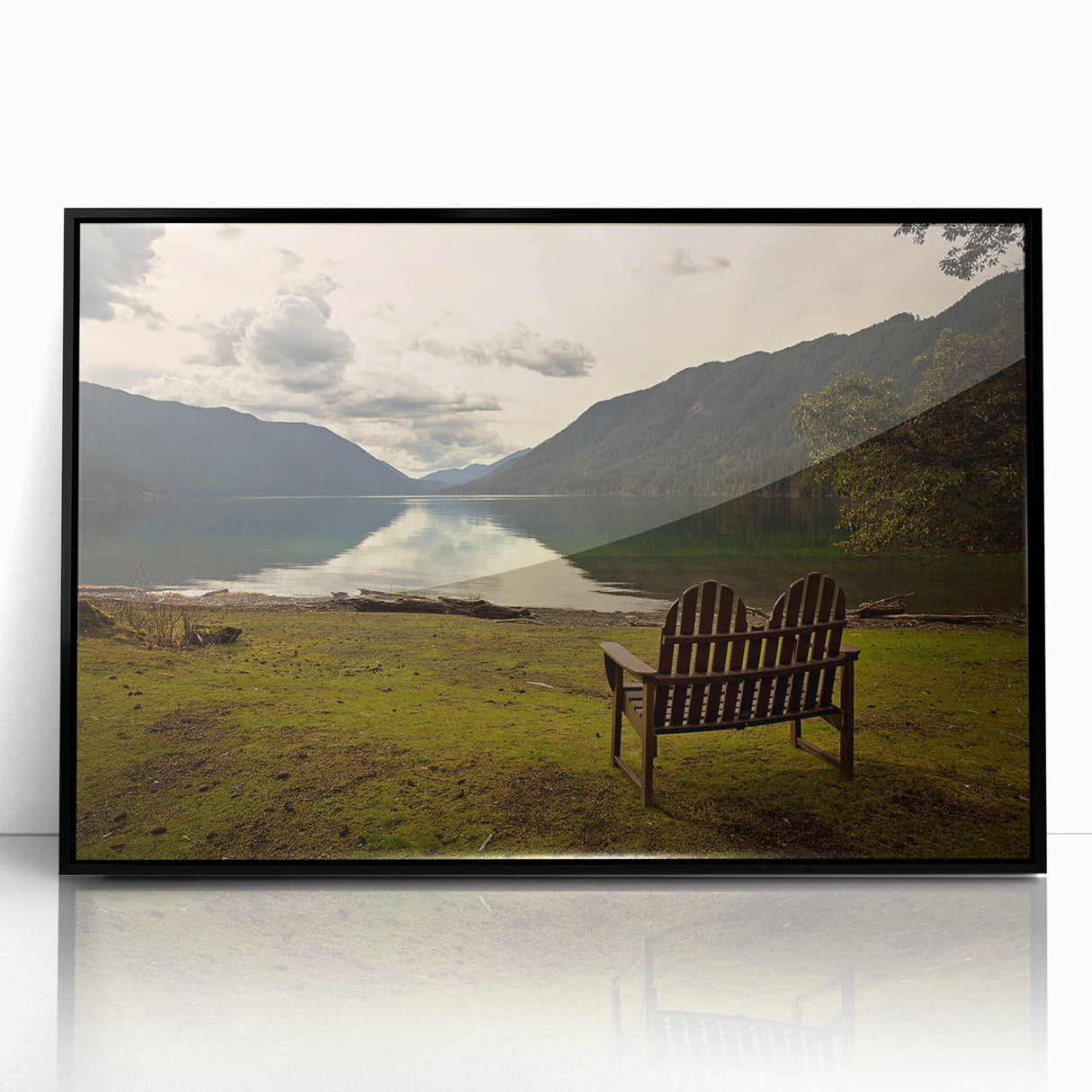 Large abstract wall art of Olympic scenery in muted earth tones, framed in black acrylic.