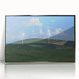 Mid-century modernist art depicting the rolling hills of Palouse, Washington in earthy tones on a framed acrylic print.