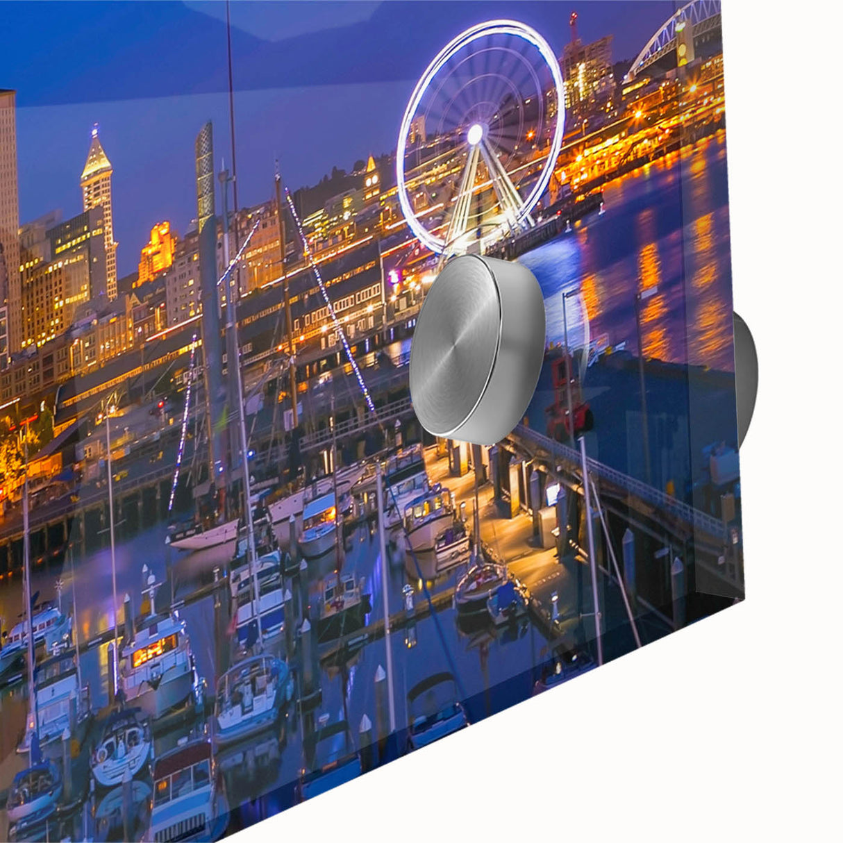 Large abstract wall art of Seattle skyline in muted blue tones on acrylic glass, suitable for dining room ambiance.