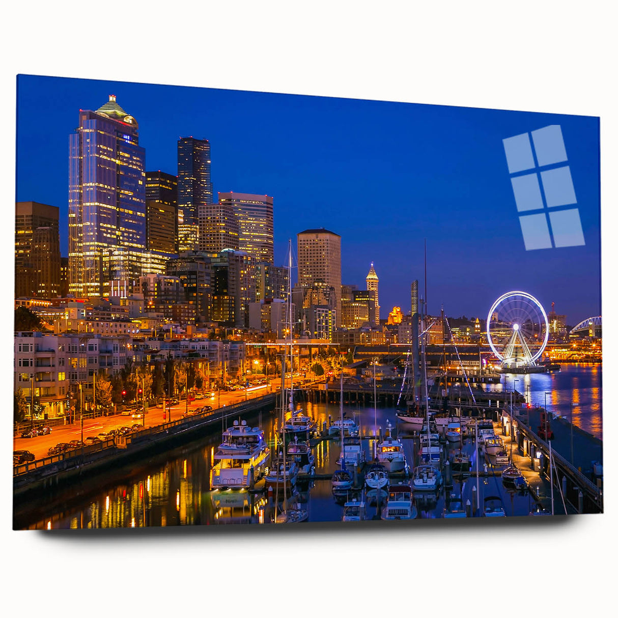 Large abstract wall art of Seattle skyline in muted blue tones on acrylic glass, ideal for bedroom or dining room decor.