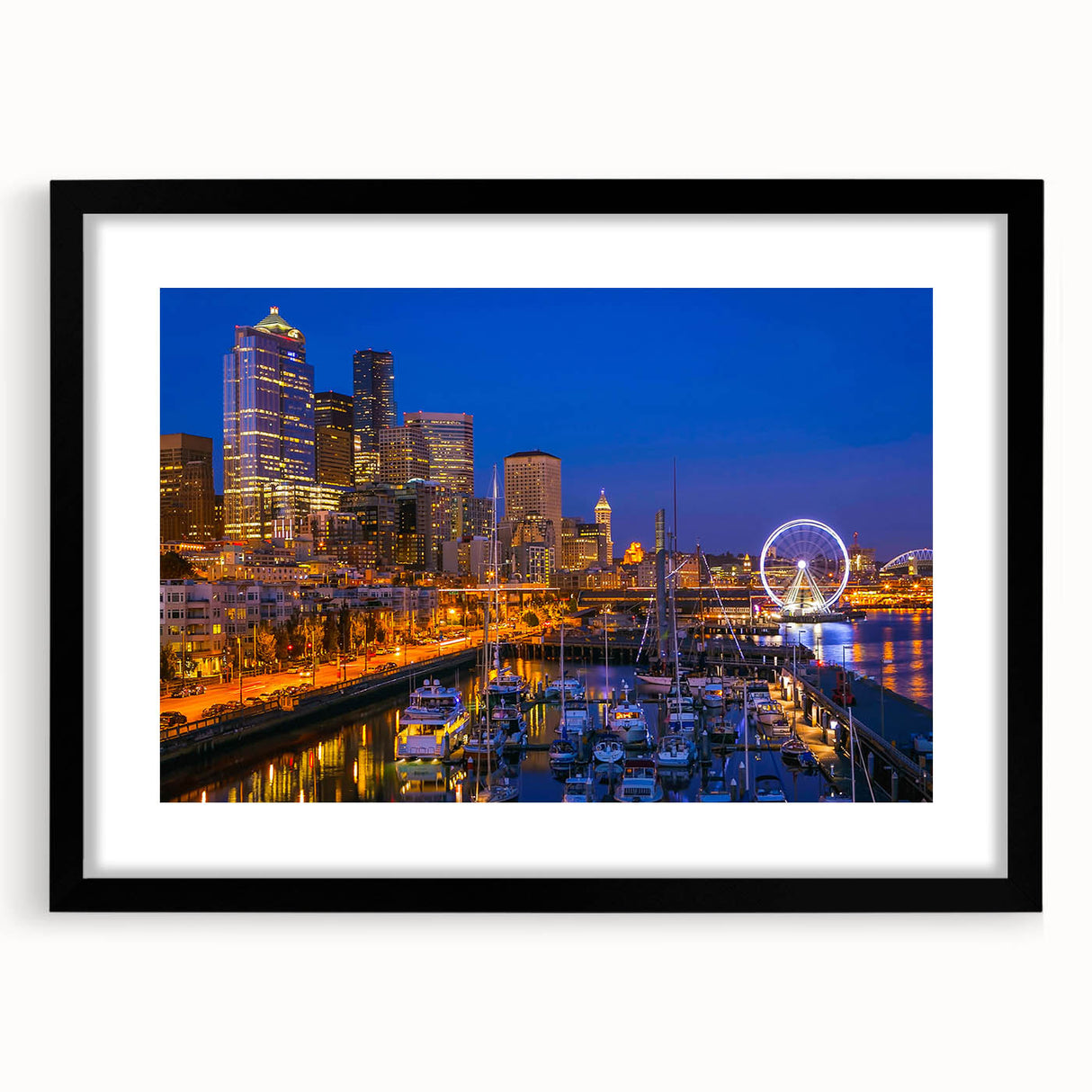Extra large abstract art print of colorful Seattle skyline, textured appearance on black framed canvas.