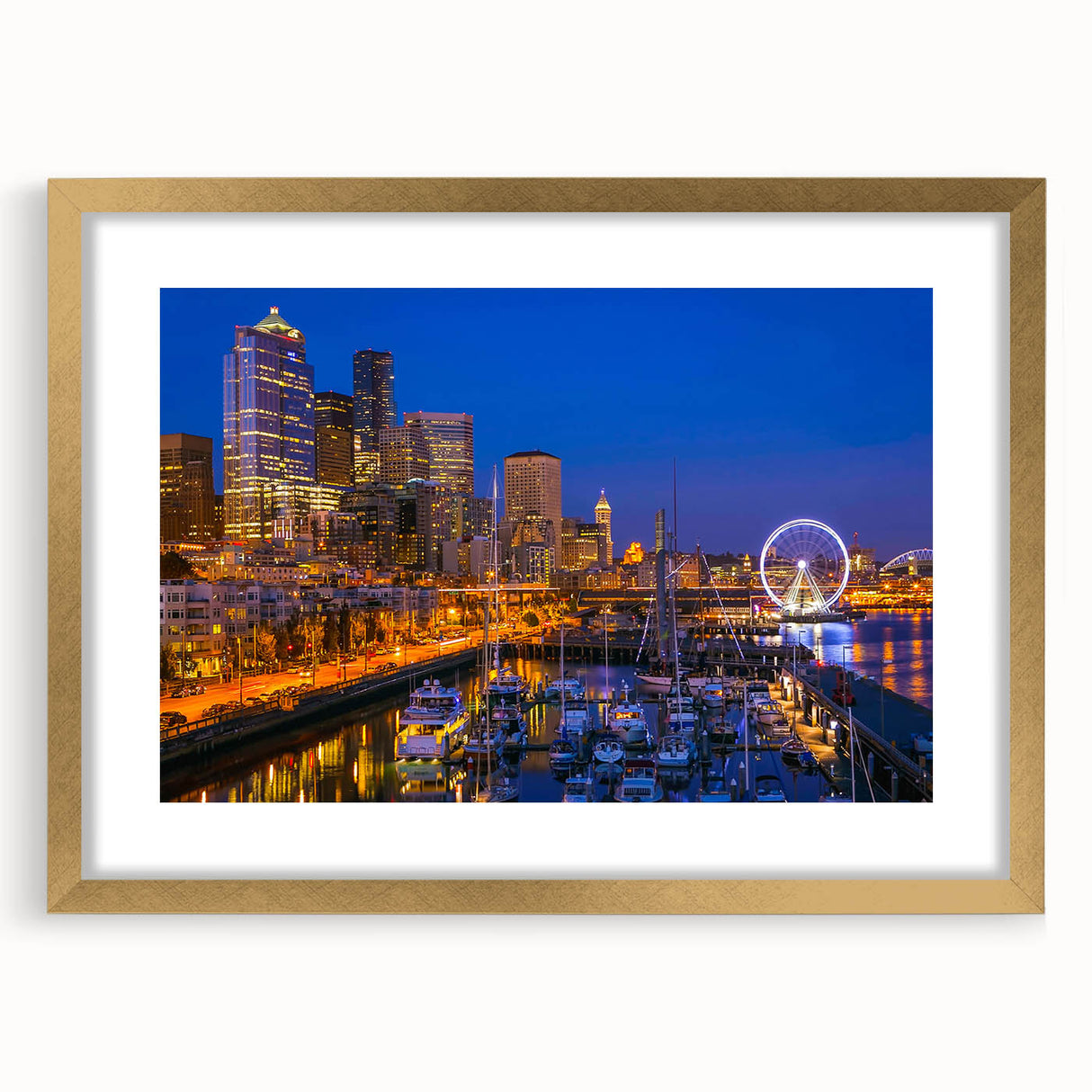 Extra large abstract art print of Seattle skyline in muted gray and blue tones on a framed canvas.