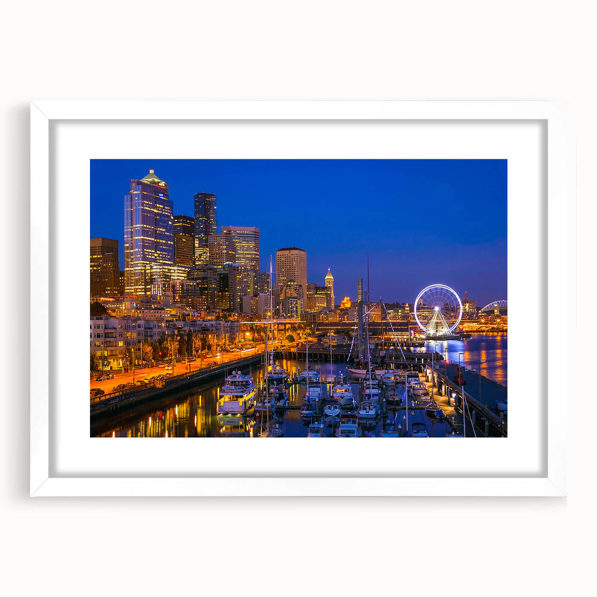 Abstract art print of Seattle skyline in muted gray and blue tones on a framed white mat, ideal for dining room decor.