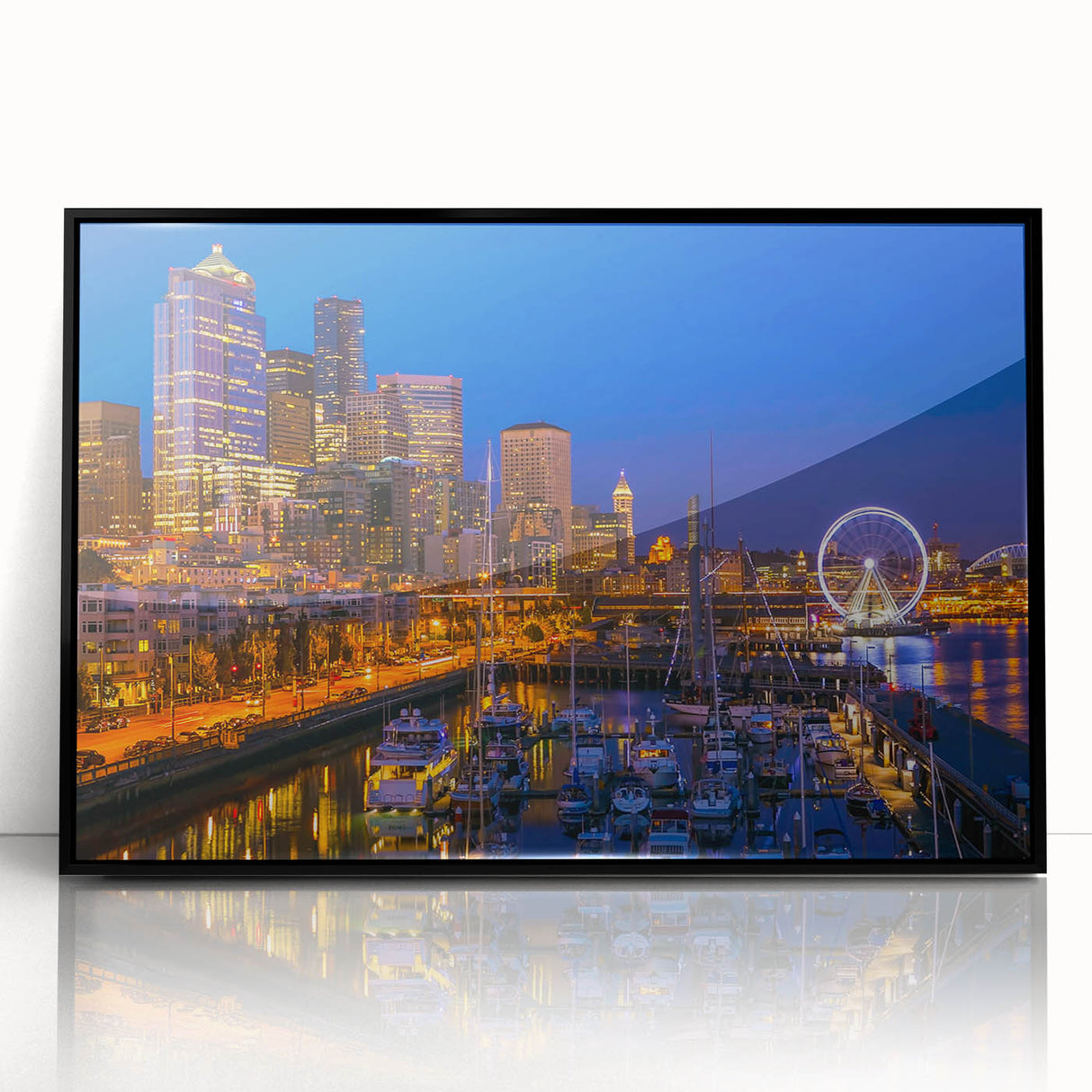 Large abstract wall art depicting the Seattle skyline in black and white tones on a framed acrylic.