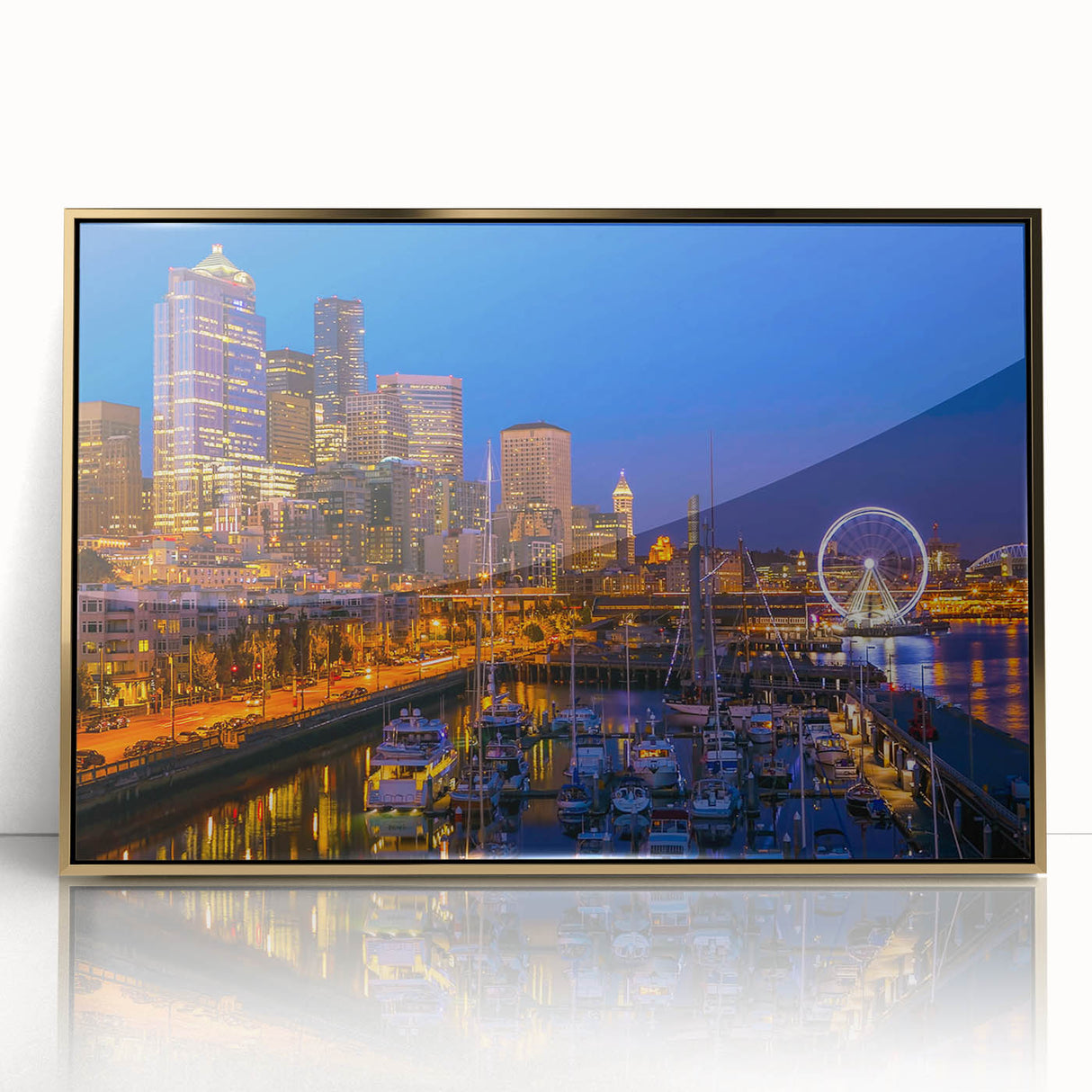 Framed acrylic print of Seattle skyline in muted gold and blue tones, perfect for modern art wall decor.