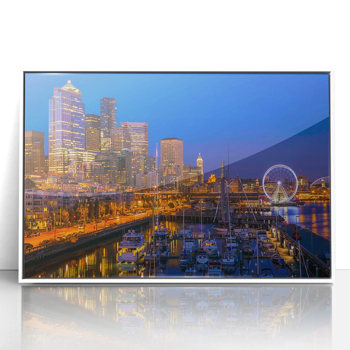 Acrylic print of Seattle skyline in muted gray tones, framed in white, suitable for modern nursery wall decor.