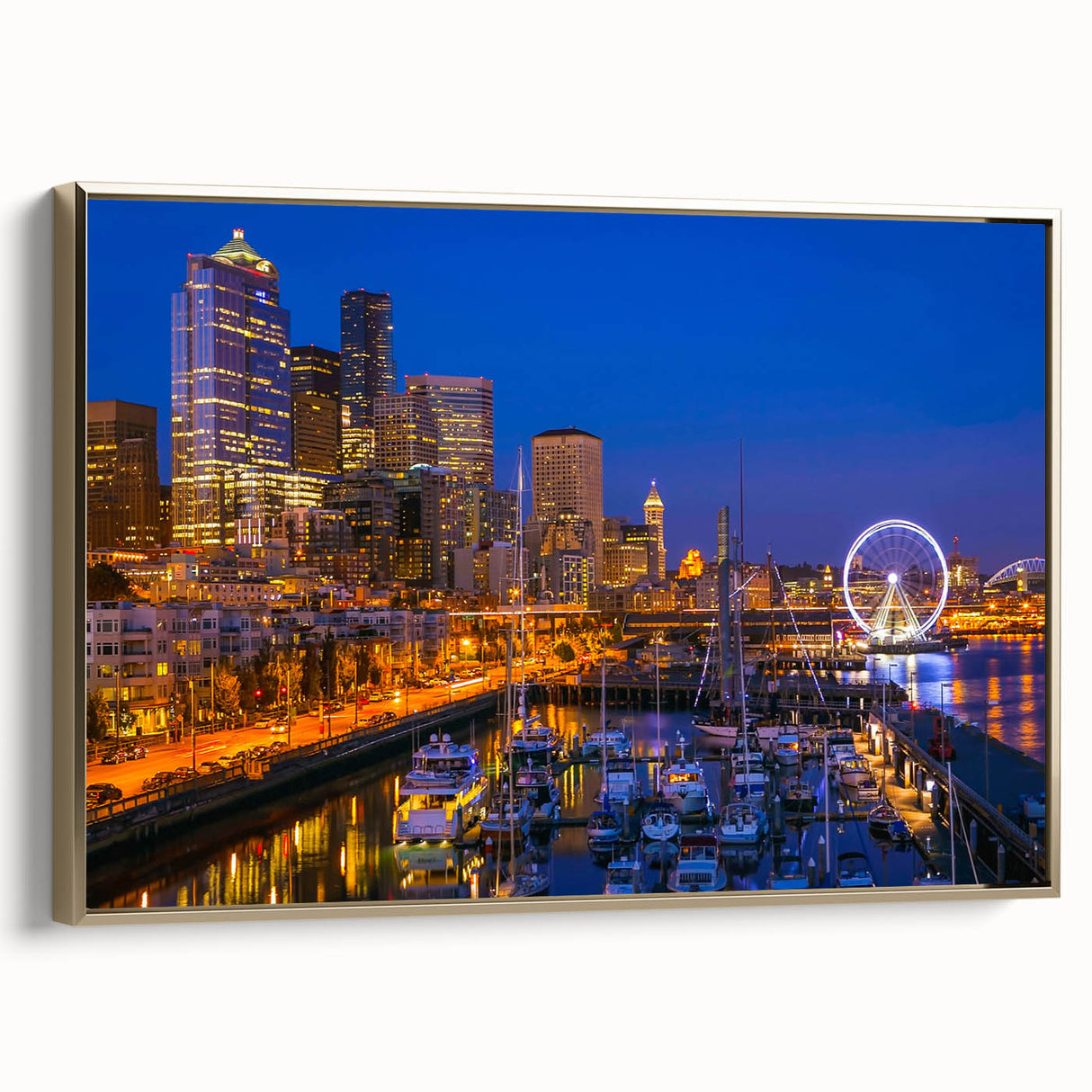 Framed canvas of Seattle landscape in black and gold tones, suitable for bedroom wall art.