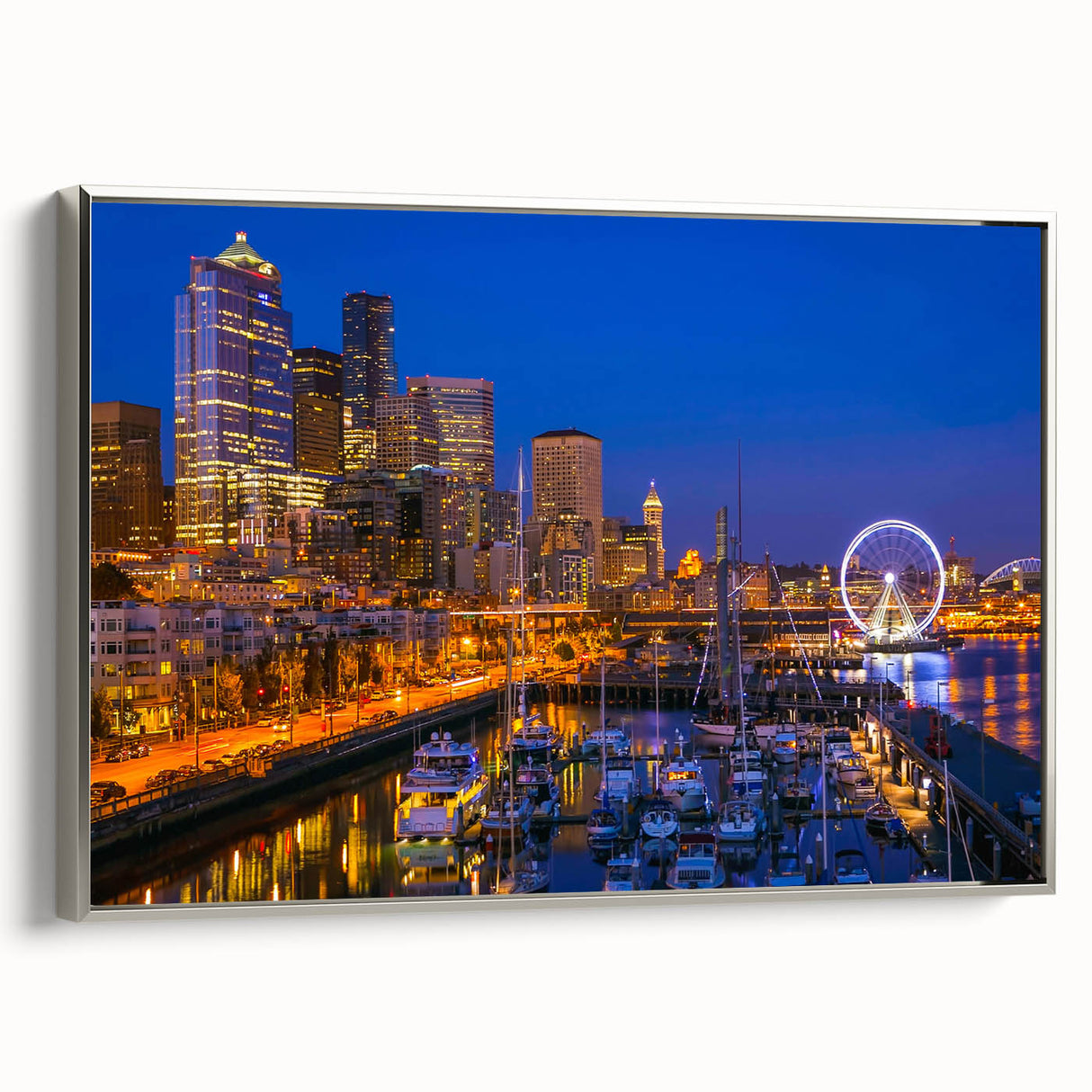 Framed canvas of a vintage Seattle landscape painting in muted black and colorful tones, ideal for office decor.