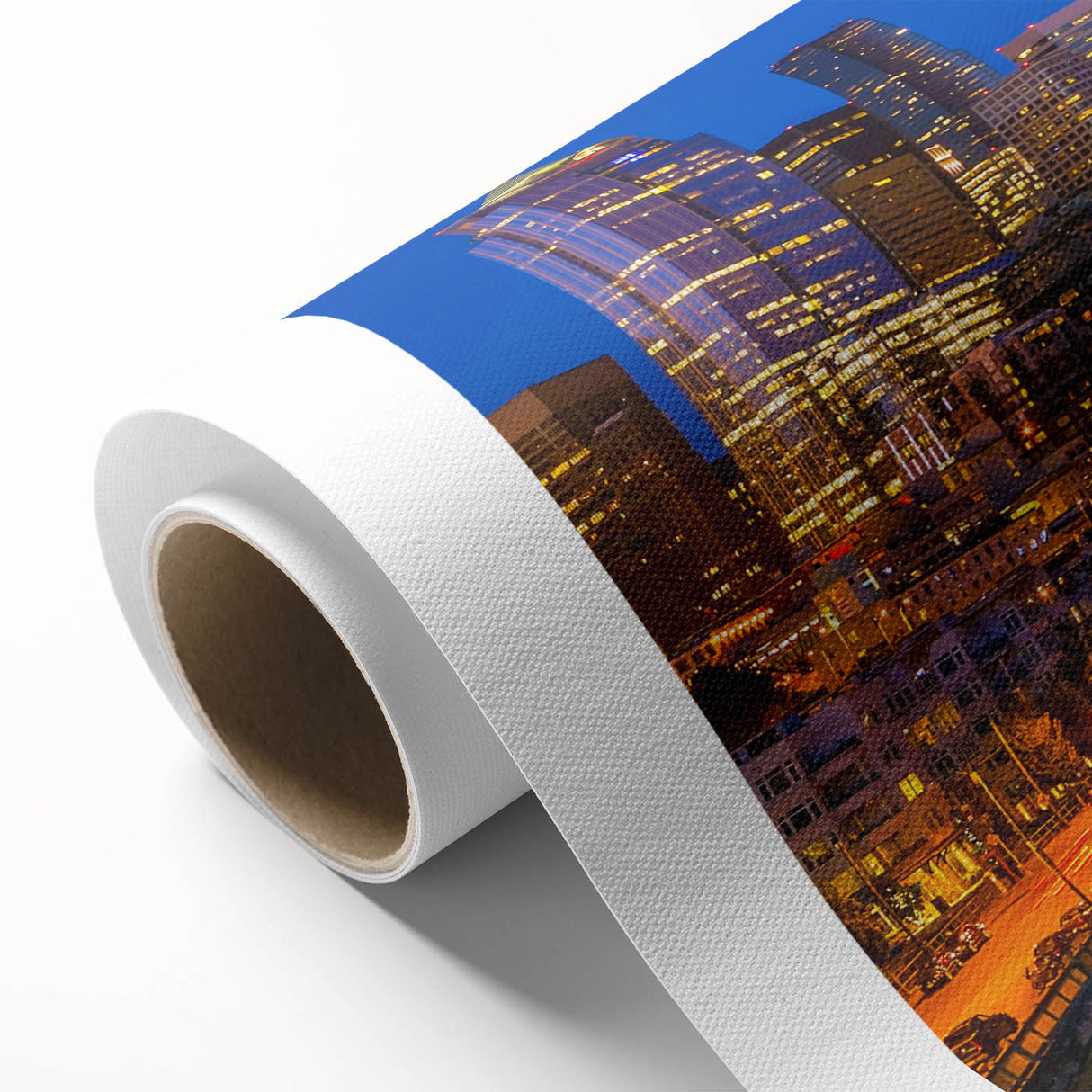 Art deco poster of Seattle skyline in muted blue and gray tones on rolled canvas, suitable for nursery wall art.