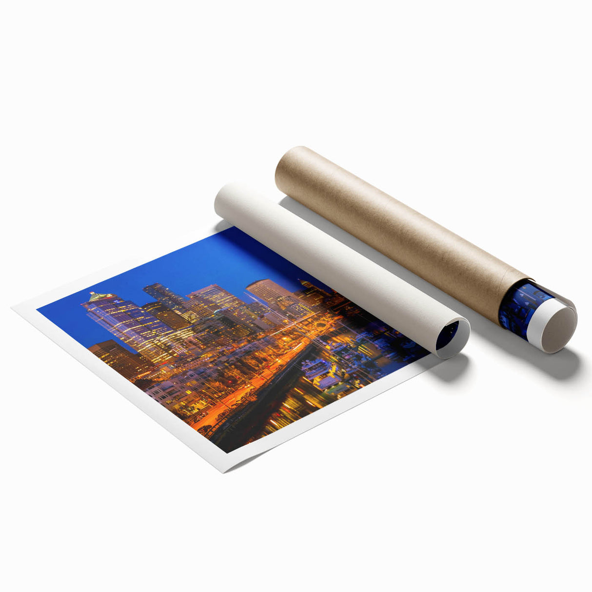 Rolled print of Seattle skyline with pastel shades, ideal for classy bathroom wall art.