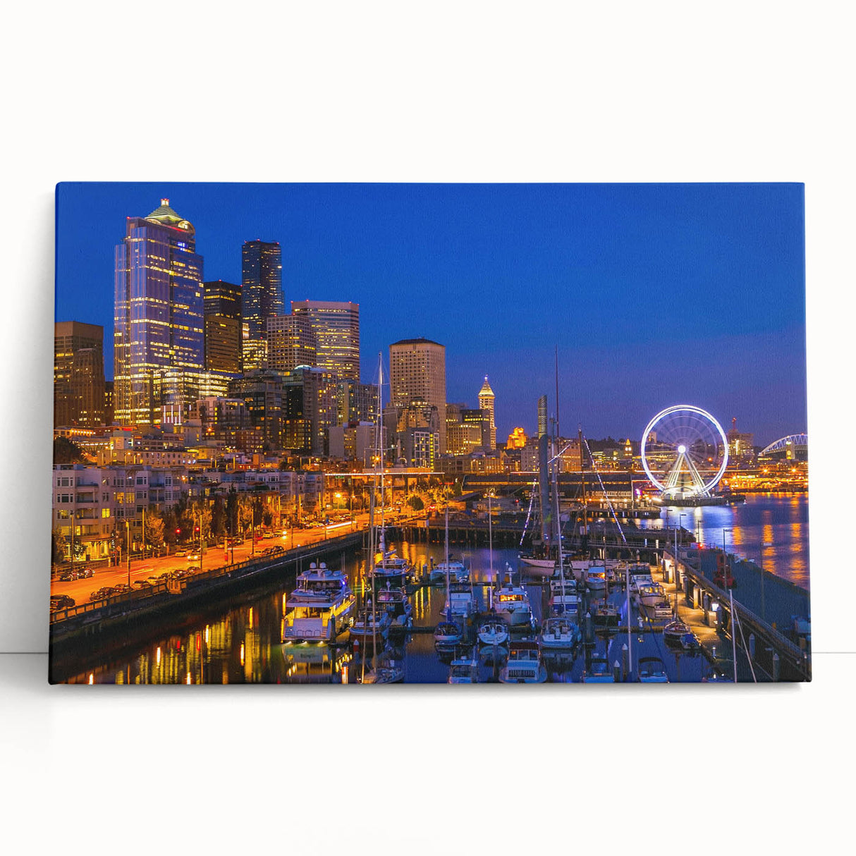 Black and white stretched canvas of Seattle skyline, ideal for kitchen wall art or bedroom decor.