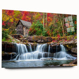 Large abstract wall art depicting a serene West Virginia landscape in muted green and blue tones, printed on acrylic glass.