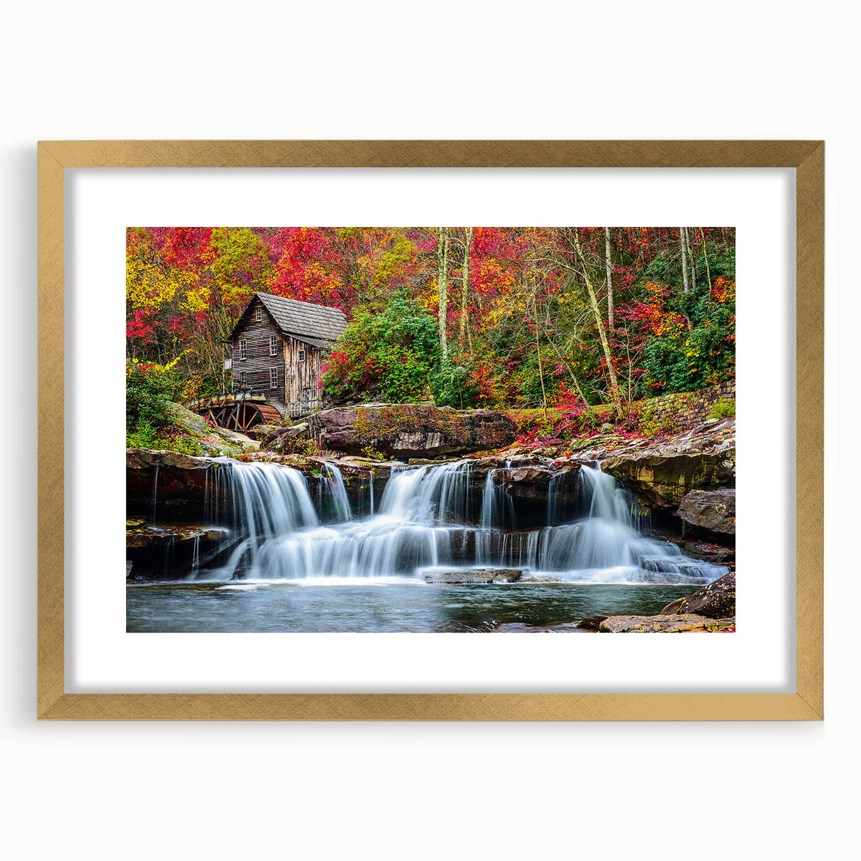 Extra large abstract art print of West Virginia scenery in gold frame, using textured.