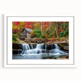 Abstract art print of West Virginia scenery in muted earth tones on a framed white mat, ideal for dining room decor.