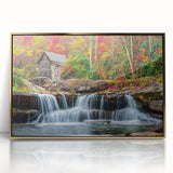 Acrylic print of West Virginia scenery in muted earth tones, framed in gold, ideal for modern art wall decor.