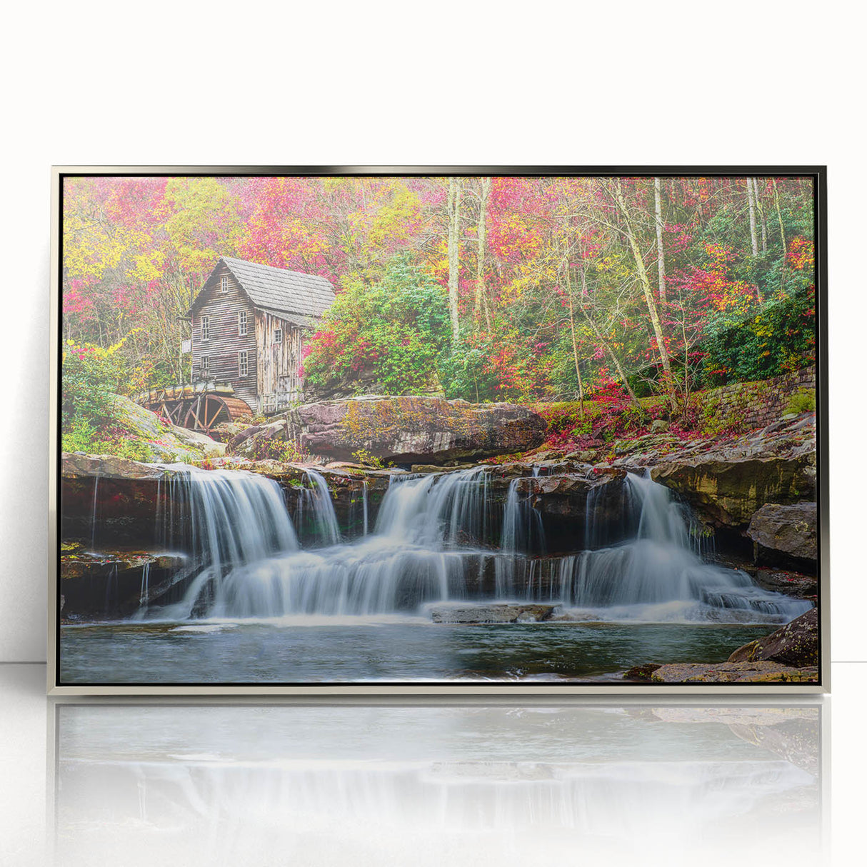 Mid-century modernist art depicting West Virginia scenery in muted earth tones on a framed acrylic print.