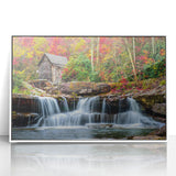 Art deco poster of West Virginia scenery in muted green and brown tones, framed acrylic, ideal for modern nursery wall art.