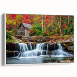 Vintage poster art of West Virginia scenery on a framed canvas, featuring a colorful palette, ideal for living room decor.