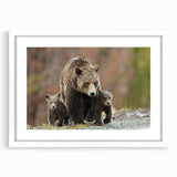 Abstract art print of the Grand Tetons in muted earth tones on a framed white mat, ideal for dining room decor.