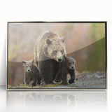 Mid-century modernist art depicting the Grand Tetons in muted earth tones, framed in silver acrylic.