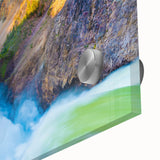 Large abstract depiction of Yellowstone on acrylic glass, featuring earth tones, perfect for dining room art.