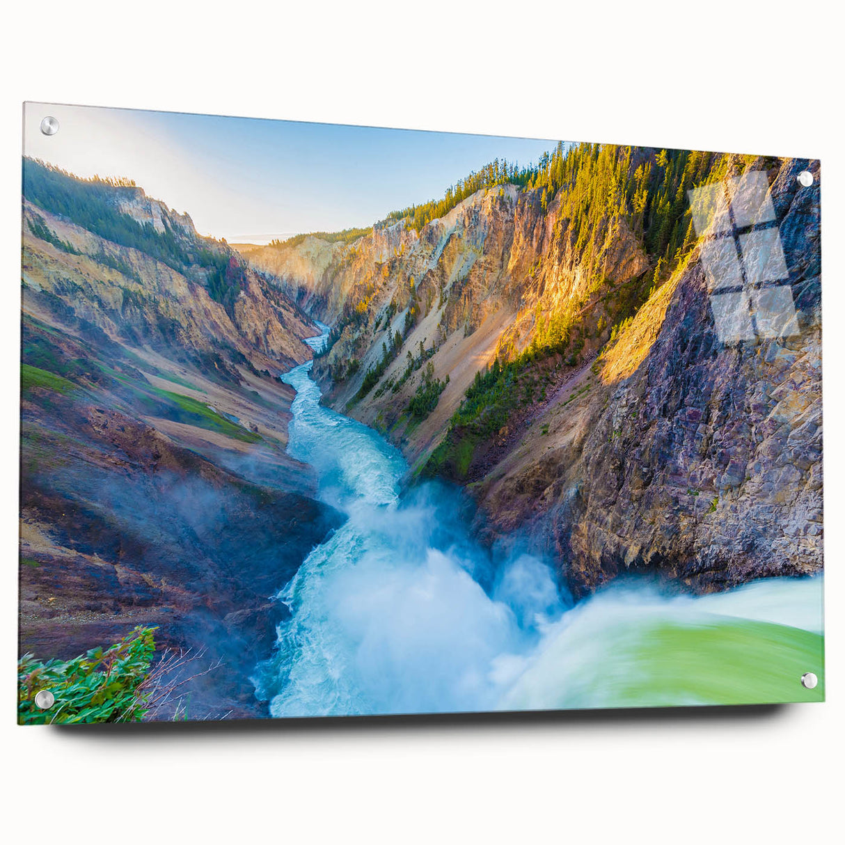 Yellowstone National Park scenery on acrylic glass, featuring natural green and brown tones.