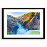 Extra large framed wall art of an abstract Yellowstone scenery in vibrant, colorful textures, ideal for living room decor.