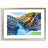 Textured art of Yellowstone scenery in muted earth tones on a framed canvas, suitable for bedroom walls.