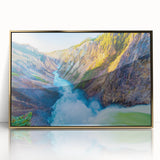 Large art print of Yellowstone scenery in gold tones on a framed acrylic, styled in mid-century modernist.