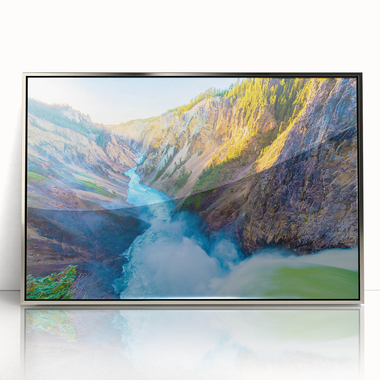 Mid-century modernist art depicting Yellowstone scenery in muted earth tones on a silver-framed acrylic print.